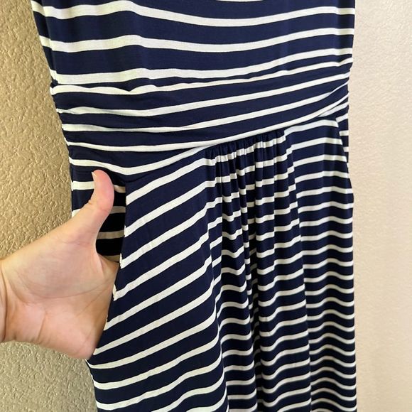 Boden Navy Stripe Stretch Knit Midi Dress Size 10 with Pockets - Picture 4 of 9